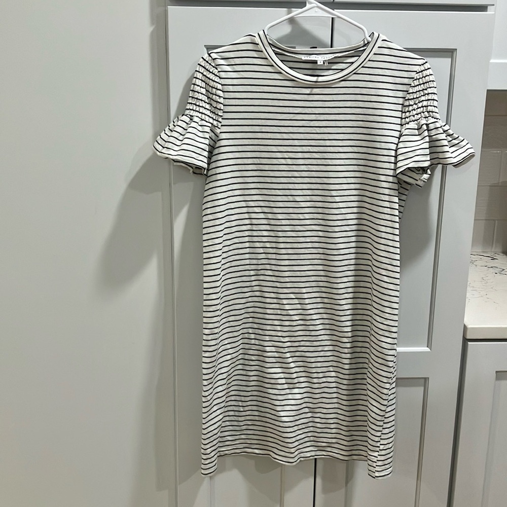 English Factory Women's White Black Striped Polyester Short Sleeve Midi Dress